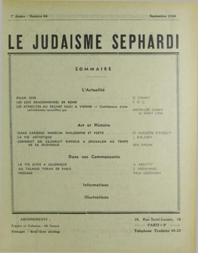 Le Judaïsme Sephardi N°64 (01 septembre 1938)